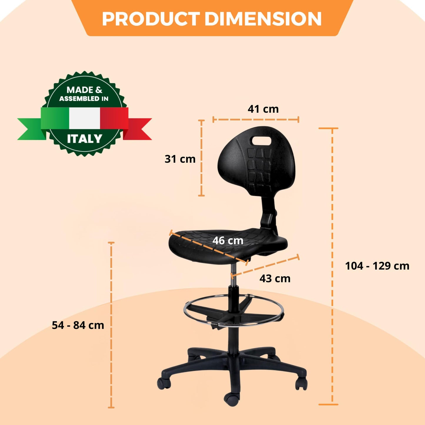 Topsit IND102 – Ergonomischer Arbeitsstuhl & Bürohocker | Höhenverstellbar, Rückenlehne & Fußring, Leicht zu reinigen